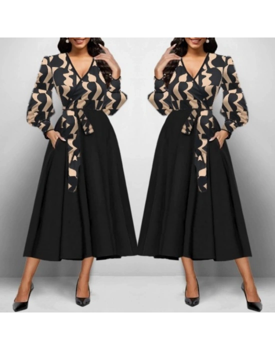 Kadın Uzun Kollu Kruvaze Yaka Dalgıç Krep Midi Boy Elbise