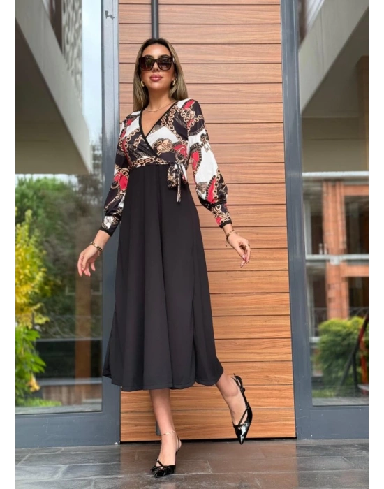 Kadın Uzun Kollu Kruvaze Yaka Dalgıç Krep Midi Boy Elbise