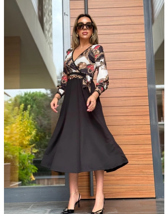 Kadın Uzun Kollu Kruvaze Yaka Dalgıç Krep Midi Boy Elbise