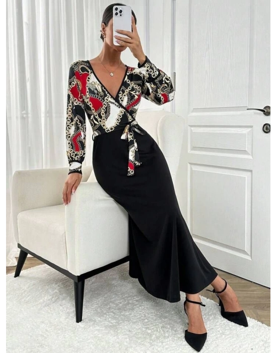 Kadın Uzun Kollu Kruvaze Yaka Dalgıç Krep Midi Boy Elbise