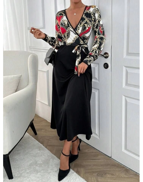 Kadın Uzun Kollu Kruvaze Yaka Dalgıç Krep Midi Boy Elbise