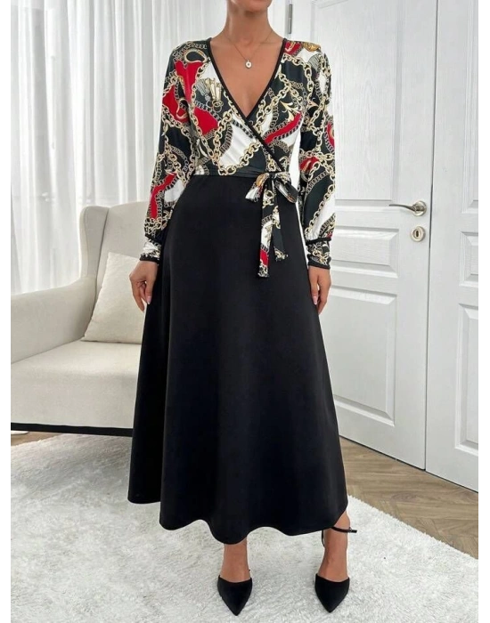 Kadın Uzun Kollu Kruvaze Yaka Dalgıç Krep Midi Boy Elbise