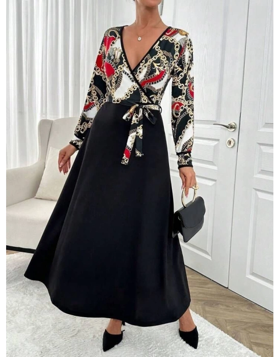 Kadın Uzun Kollu Kruvaze Yaka Dalgıç Krep Midi Boy Elbise