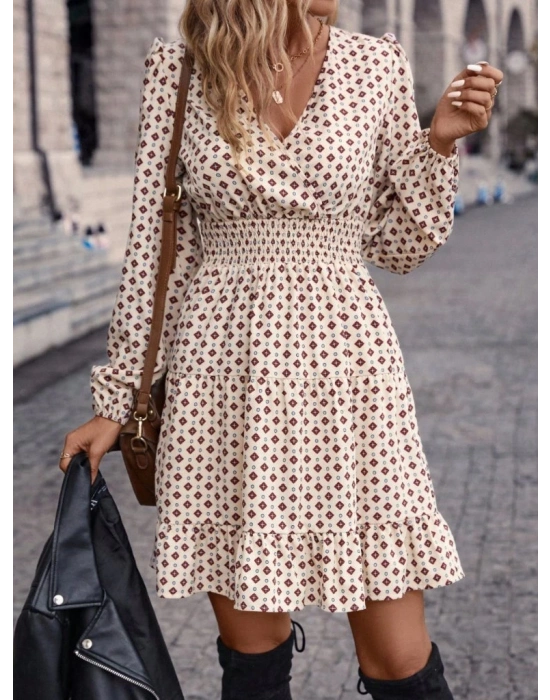 Kadın Uzun Kollu Kruvaze Yaka Desenli Mini Modal Elbise