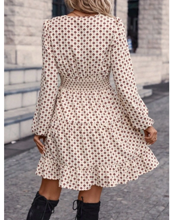 Kadın Uzun Kollu Kruvaze Yaka Desenli Mini Modal Elbise