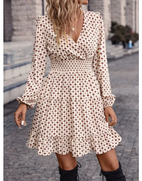 Kadın Uzun Kollu Kruvaze Yaka Desenli Mini Modal Elbise