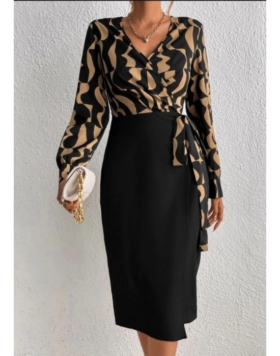 Kadın Uzun Kollu Kruvaze Yaka Dijital Baskılı Fiyonk Detay Atlas Kumaş Elbise