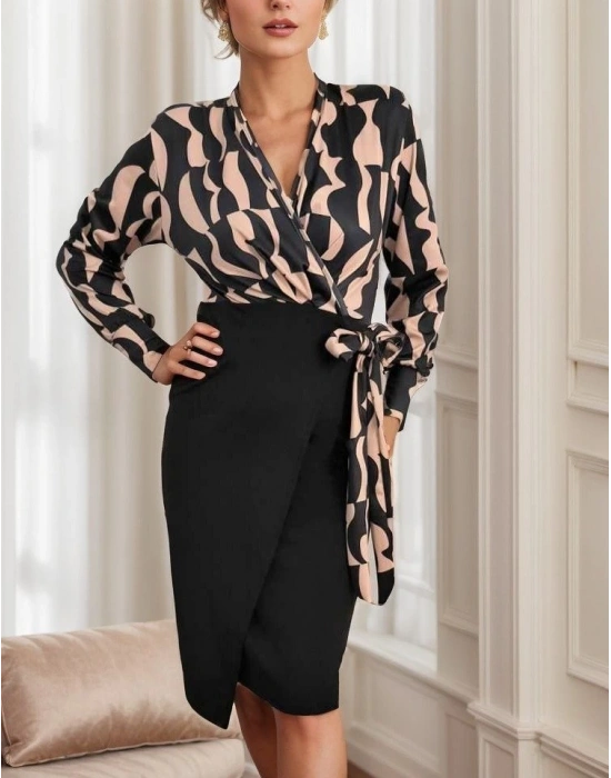 Kadın Uzun Kollu Kruvaze Yaka Dijital Baskılı Fiyonk Detay Atlas Kumaş Elbise