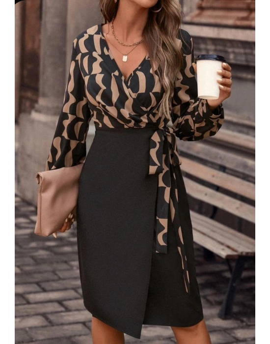 Kadın Uzun Kollu Kruvaze Yaka Dijital Baskılı Fiyonk Detay Dalgıç Kumaş Elbise