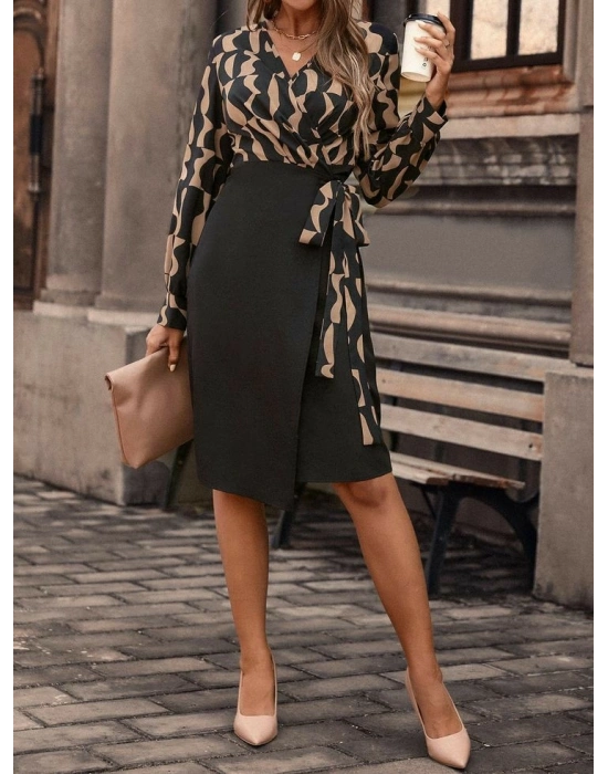 Kadın Uzun Kollu Kruvaze Yaka Dijital Baskılı Fiyonk Detay Dalgıç Kumaş Elbise