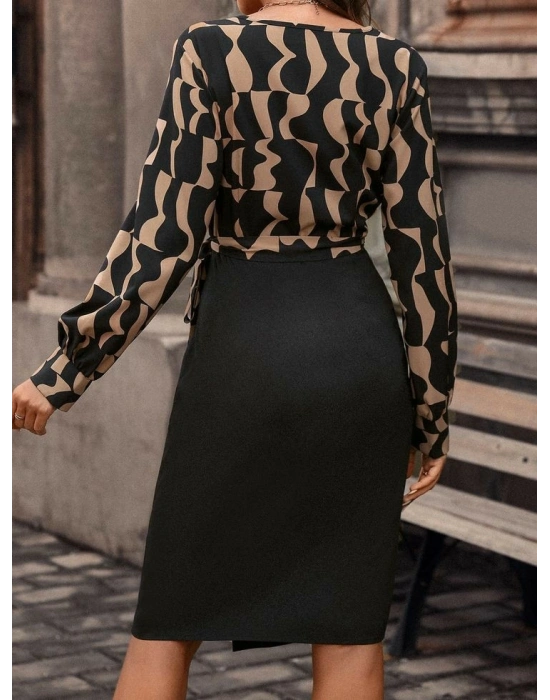 Kadın Uzun Kollu Kruvaze Yaka Dijital Baskılı Fiyonk Detay Dalgıç Kumaş Elbise