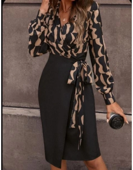 Kadın Uzun Kollu Kruvaze Yaka Dijital Baskılı Fiyonk Detay Dalgıç Kumaş Elbise