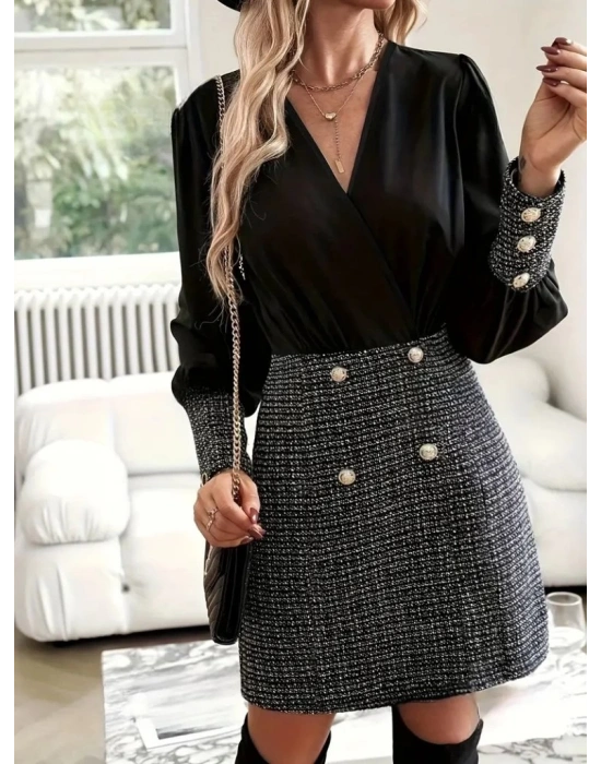 Kadın Uzun Kollu Kruvaze Yaka Eteği Düğmeli üst Krep Alt Dokuma Elbise