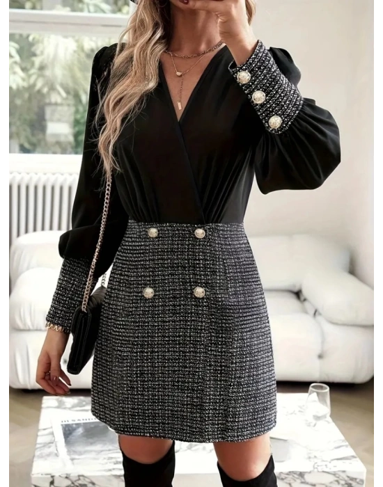 Kadın Uzun Kollu Kruvaze Yaka Eteği Düğmeli üst Krep Alt Dokuma Elbise