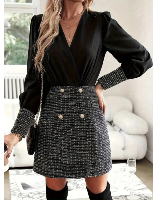 Kadın Uzun Kollu Kruvaze Yaka Eteği Düğmeli üst Krep Alt Dokuma Elbise