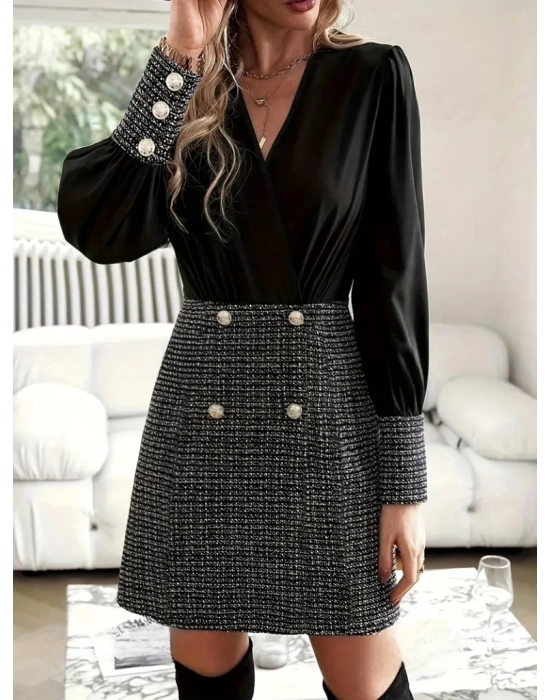 Kadın Uzun Kollu Kruvaze Yaka Eteği Düğmeli üst Krep Alt Dokuma Elbise