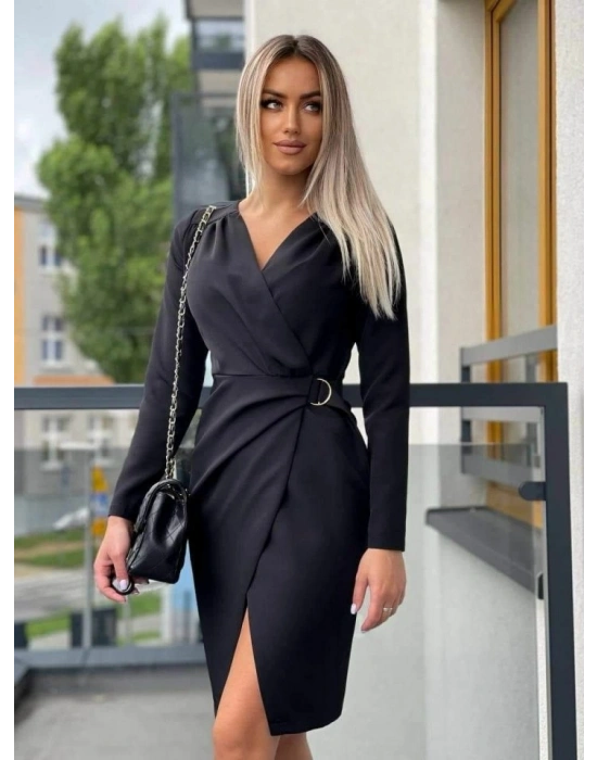 Kadın Uzun Kollu Kruvaze Yaka Etek Kruvaze Kesim Bel Toka Detaylı Krep Elbise