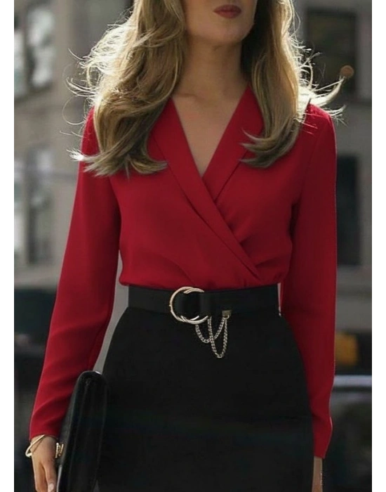 Kadın Uzun Kollu Kruvaze Yaka Janjan Krep Midi Elbise