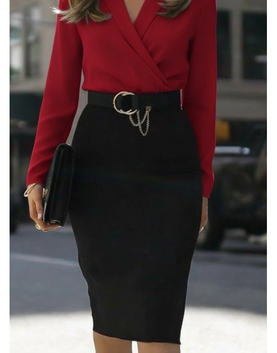 Kadın Uzun Kollu Kruvaze Yaka Janjan Krep Midi Elbise