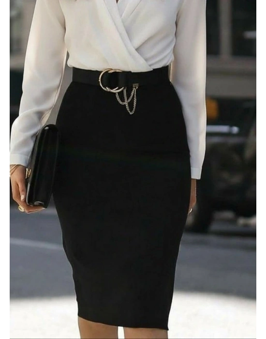 Kadın Uzun Kollu Kruvaze Yaka Janjan Krep Midi Elbise