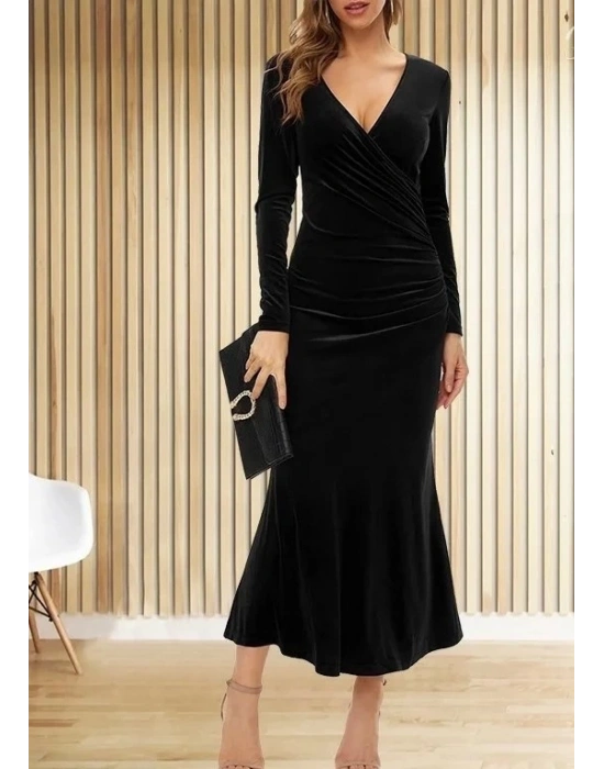 Kadın Uzun Kollu Kruvaze Yaka Kadife Tam Boy Elbise