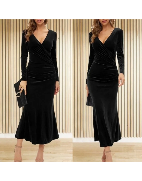 Kadın Uzun Kollu Kruvaze Yaka Kadife Tam Boy Elbise