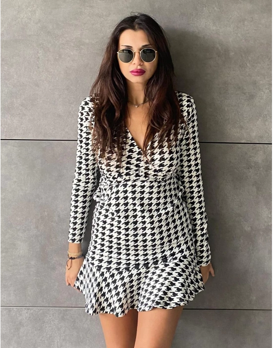 Kadın Uzun Kollu Kruvaze Yaka Kazayağı Mikro Mini Boy Elbise