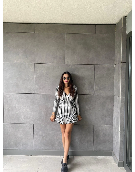 Kadın Uzun Kollu Kruvaze Yaka Kazayağı Mikro Mini Boy Elbise