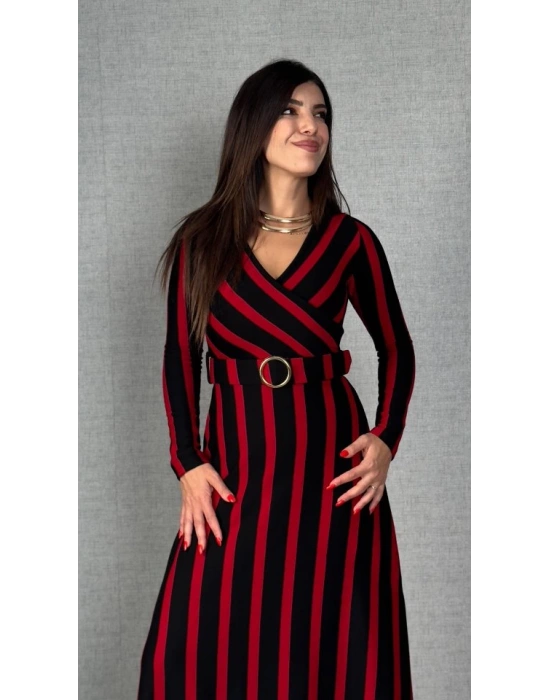 Kadın Uzun Kollu Kruvaze Yaka Kemer Dahil çizgili Triko Elbise