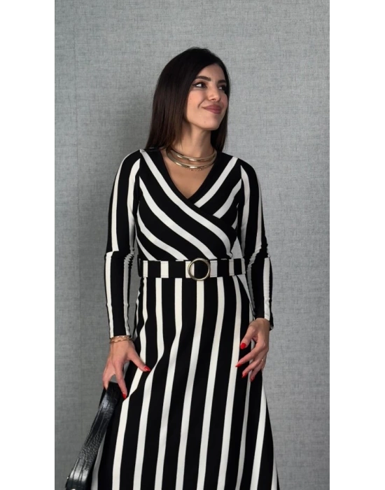 Kadın Uzun Kollu Kruvaze Yaka Kemer Dahil çizgili Triko Elbise