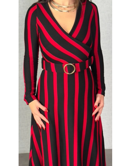 Kadın Uzun Kollu Kruvaze Yaka Kemer Dahil çizgili Triko Elbise