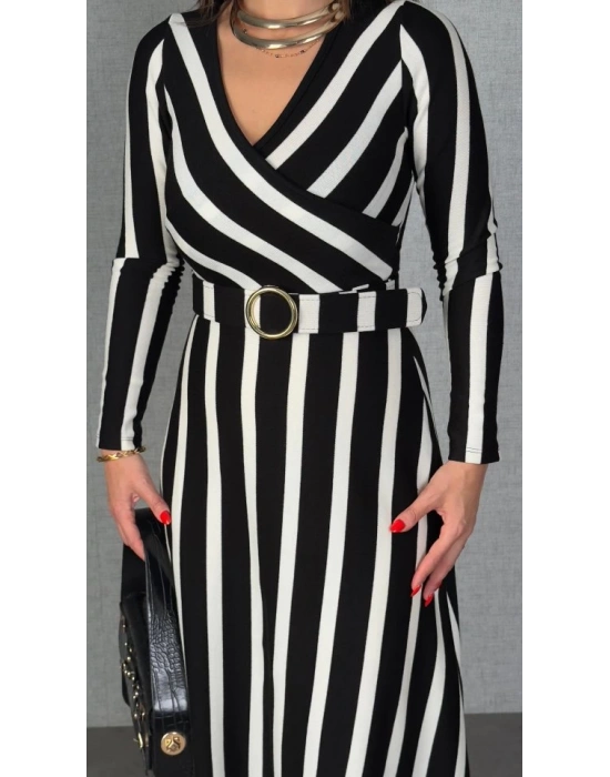 Kadın Uzun Kollu Kruvaze Yaka Kemer Dahil çizgili Triko Elbise