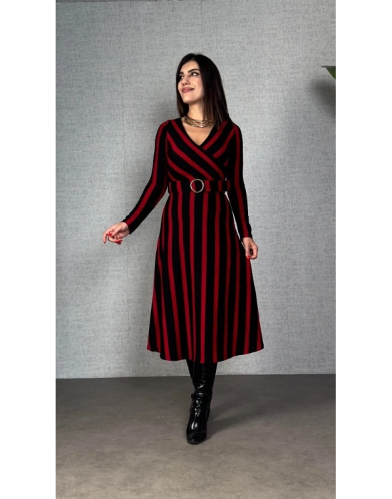 Kadın Uzun Kollu Kruvaze Yaka Kemer Dahil çizgili Triko Elbise