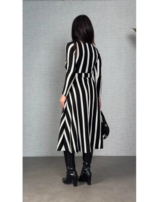 Kadın Uzun Kollu Kruvaze Yaka Kemer Dahil çizgili Triko Elbise