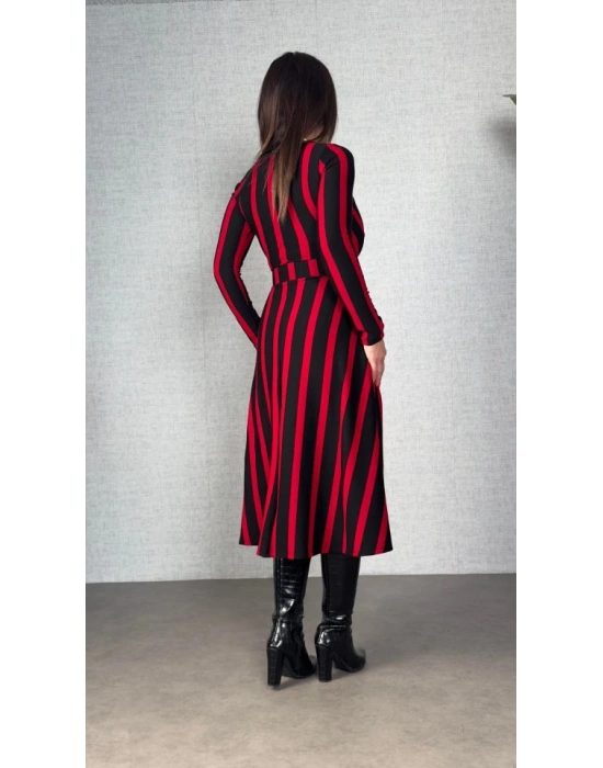Kadın Uzun Kollu Kruvaze Yaka Kemer Dahil çizgili Triko Elbise
