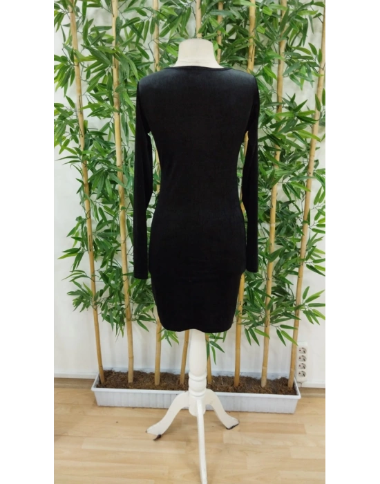 Kadın Uzun Kollu Kruvaze Yaka Kısa Kadife Elbise