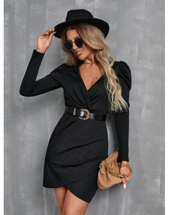 Kadın Uzun Kollu Kruvaze Yaka Kol Detaylı Ithal Krep Mini Elbise