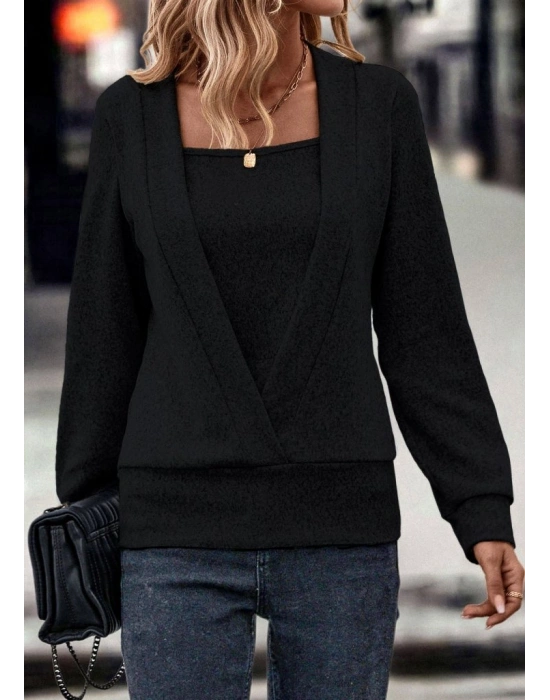 Kadın Uzun Kollu Kruvaze Yaka Kol Ve Etek Ucu Manşet Detay Yumoş Bluz