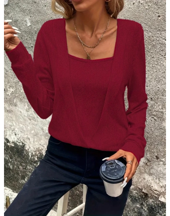 Kadın Uzun Kollu Kruvaze Yaka Kol Ve Etek Ucu Manşet Detay Yumoş Bluz