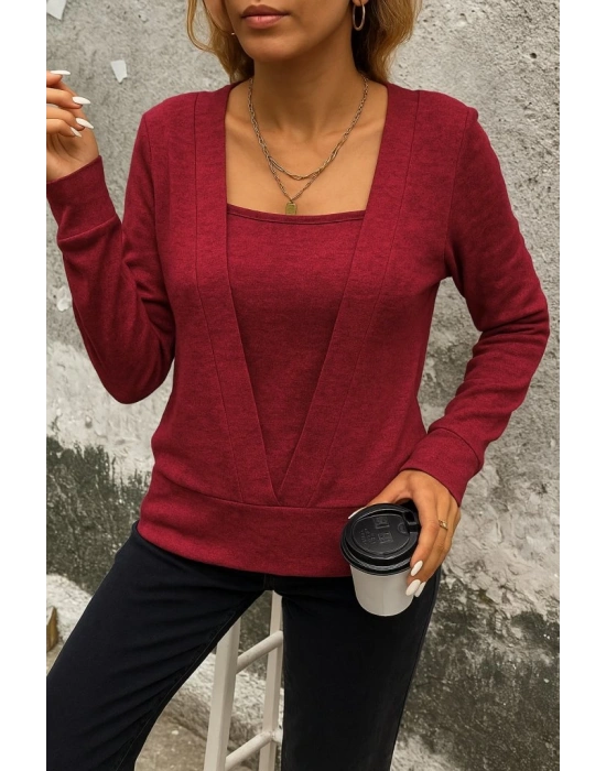 Kadın Uzun Kollu Kruvaze Yaka Kol Ve Etek Ucu Manşet Detay Yumoş Bluz