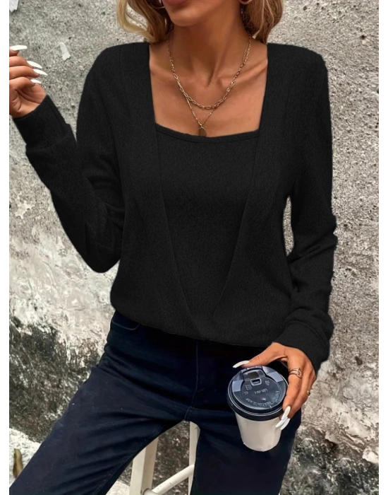 Kadın Uzun Kollu Kruvaze Yaka Kol Ve Etek Ucu Manşet Detay Yumoş Bluz