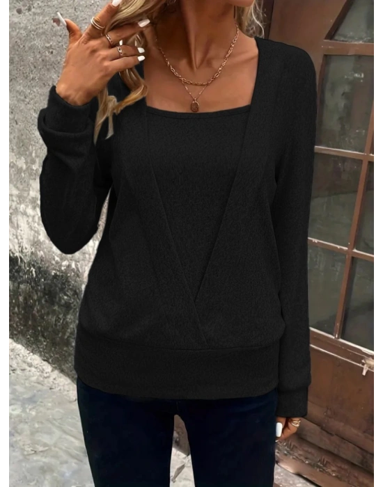 Kadın Uzun Kollu Kruvaze Yaka Kol Ve Etek Ucu Manşet Detay Yumoş Bluz