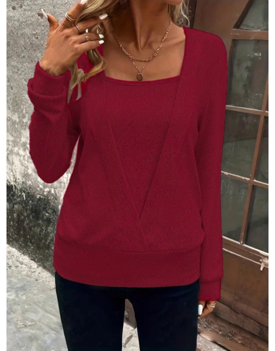 Kadın Uzun Kollu Kruvaze Yaka Kol Ve Etek Ucu Manşet Detay Yumoş Bluz