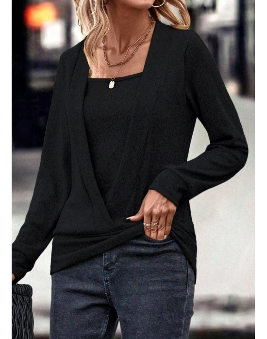 Kadın Uzun Kollu Kruvaze Yaka Kol Ve Etek Ucu Manşet Detay Yumoş Bluz