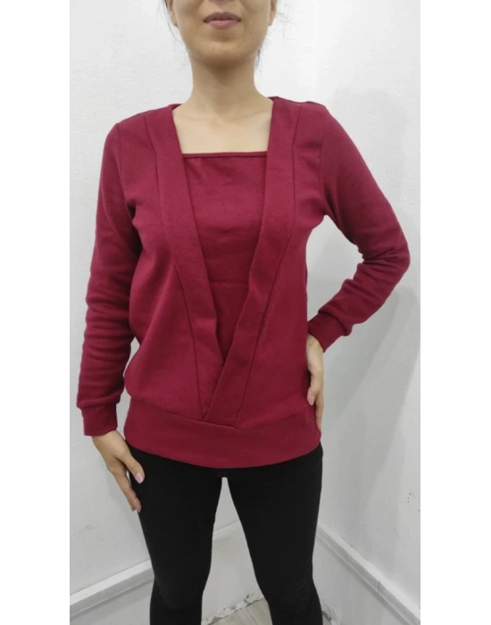 Kadın Uzun Kollu Kruvaze Yaka Kol Ve Etek Ucu Manşet Detay Yumoş Bluz