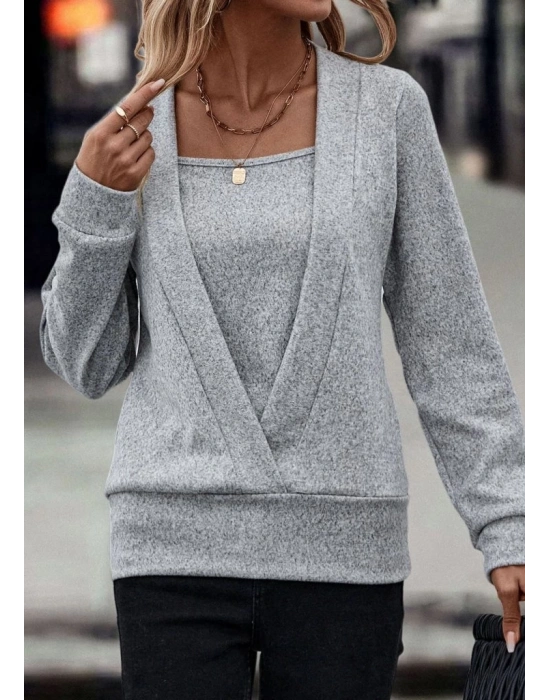 Kadın Uzun Kollu Kruvaze Yaka Kol Ve Etek Ucu Manşet Detay Yumoş Bluz