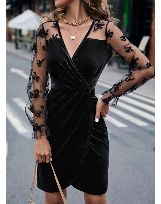 Kadın Uzun Kollu Kruvaze Yaka Kollar Tül Detay Beli Lastikli Kadife Mini Boy Elbise