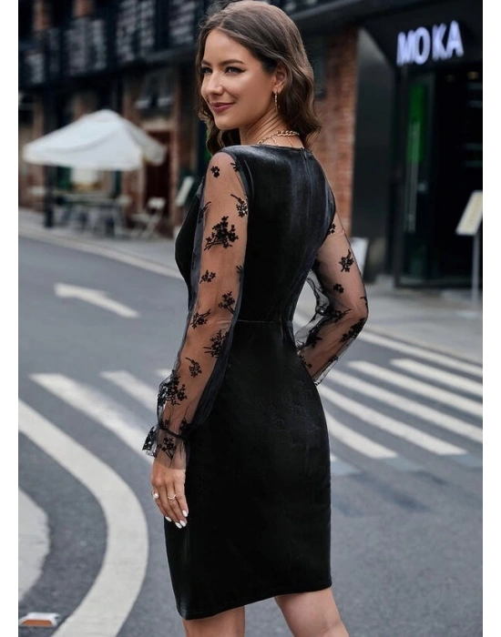 Kadın Uzun Kollu Kruvaze Yaka Kollar Tül Detay Beli Lastikli Kadife Mini Boy Elbise