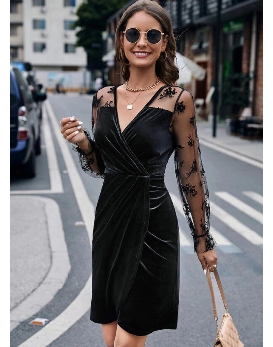Kadın Uzun Kollu Kruvaze Yaka Kollar Tül Detay Beli Lastikli Kadife Mini Boy Elbise