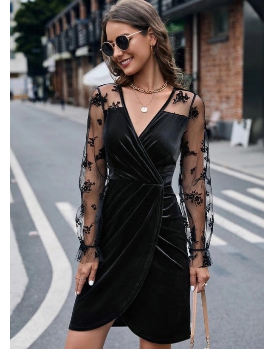 Kadın Uzun Kollu Kruvaze Yaka Kollar Tül Detay Beli Lastikli Kadife Mini Boy Elbise